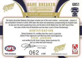 2013 Select Prime AFL - Game Breaker Signatures #GBS1 Steve Johnson Back